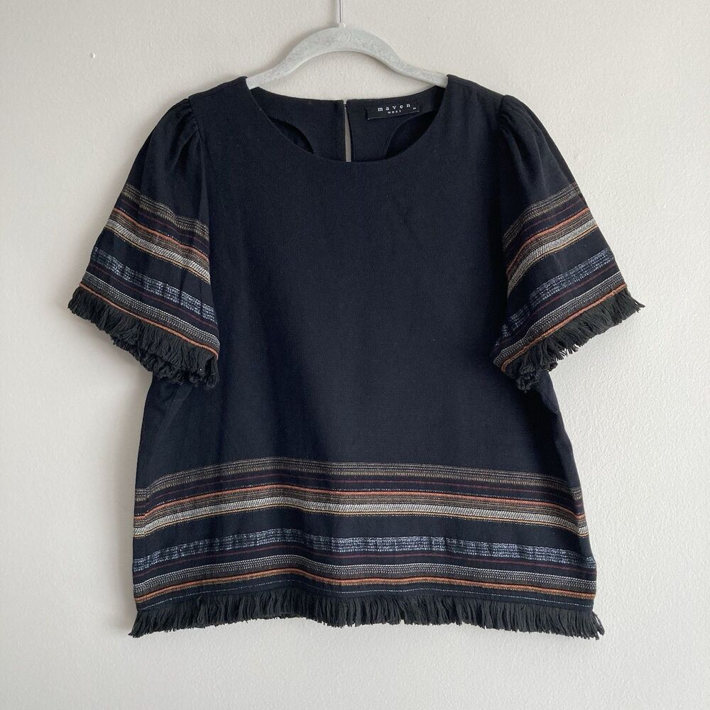 Maven West Womens Black Striped Short Sleeve Blouse Size Medium Fringe Hem Boho